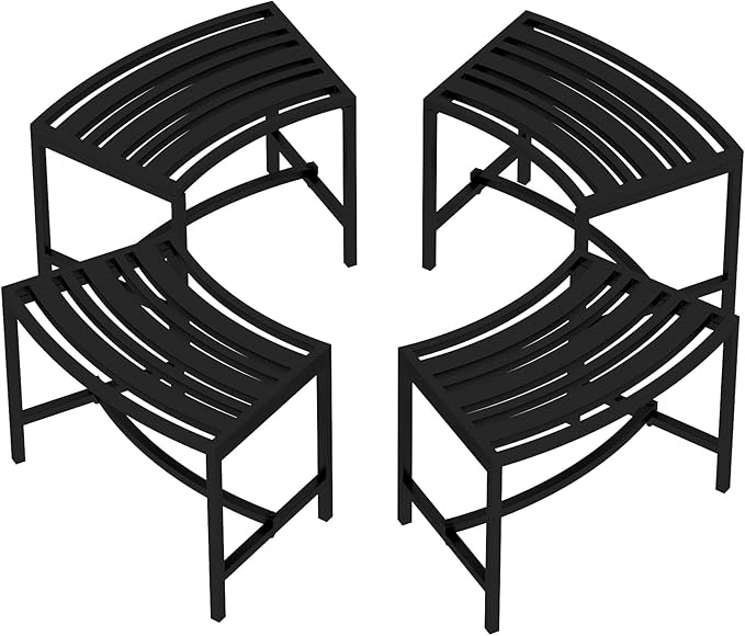 Metal Outdoor Curved Fire Pit Bench Set of 4, Fire Pit Seating Waterproof, Steel Backless Outside Tree Bench for Garden,Patio,Porch,Backyard,Heavy Duty Plant Holder, Style 3, Black