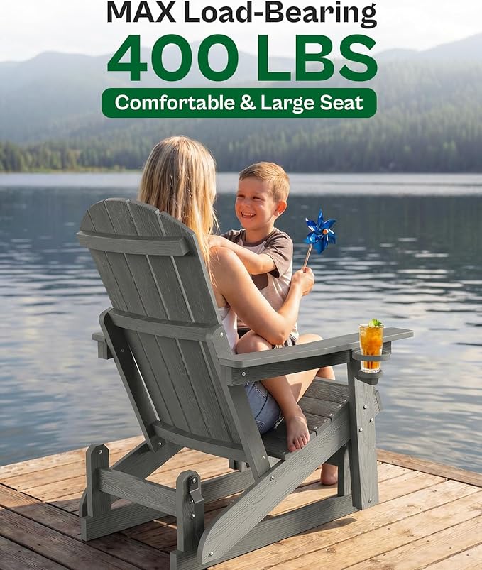 3-Position Adjustable Adirondack Chair with Cup Holder Set of 2, HDPE All-Weather Outdoor Glider Chair, Wood-Grain Fire Pit Chairs for Pool, Yard, Deck (Grey)