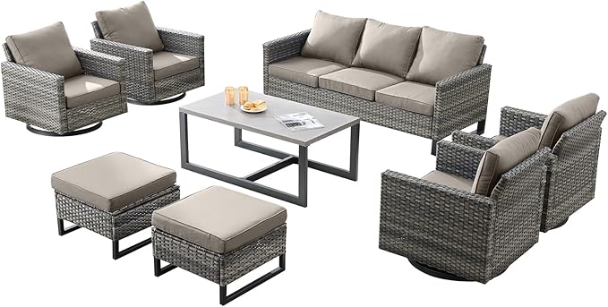 Wicker Outdoor Patio Furniture Set - 8 Piece Patio Conversation Set with 4 Swivel Rocker Chairs, 2 Rattan Ottoman - Photo 1
