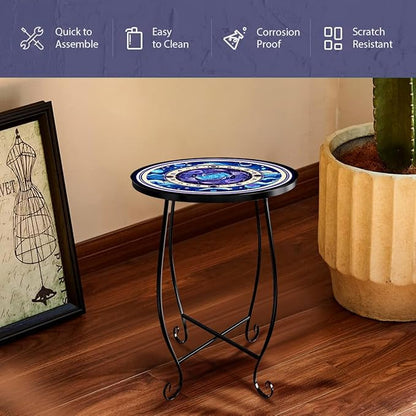 15 Inch Tall Outdoor Side Table, Metal Patio End Table with Twin Koi Fish Pattern, Rust Proof Black Small Garden Stool for Deck, Coastal Decor & Mermaid Table Gift