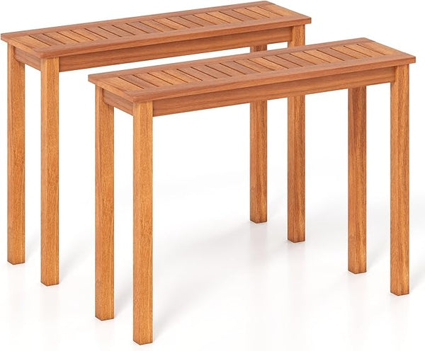 Tangkula Narrow Outdoor Dining Table, Solid Wood Furniture Patio Console Table with Slatted Tabletop - Photo 1
