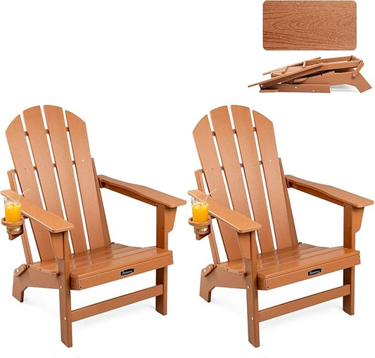 FUNBERRY Folding Adirondack Chairs Set of 2, HDPE Stable Gun-Leg Design Fire Pit Chairs with Cupholder All Weather for Outside
