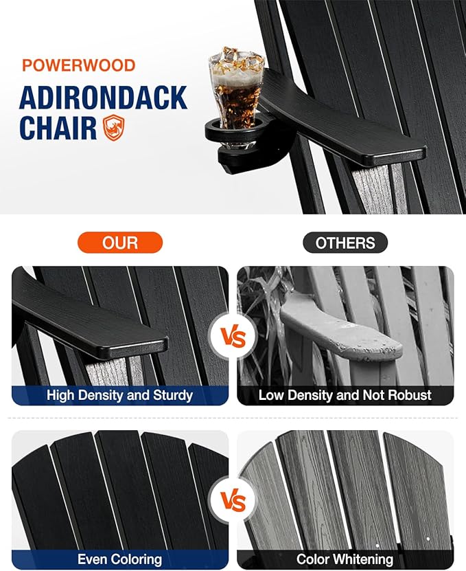 Adirondack Chairs Set of 4, Folding Plastic Adirondack Chairs with Cup Holder, Composite Adirondack Chair for Outdoor, Patio,Garden (Black)