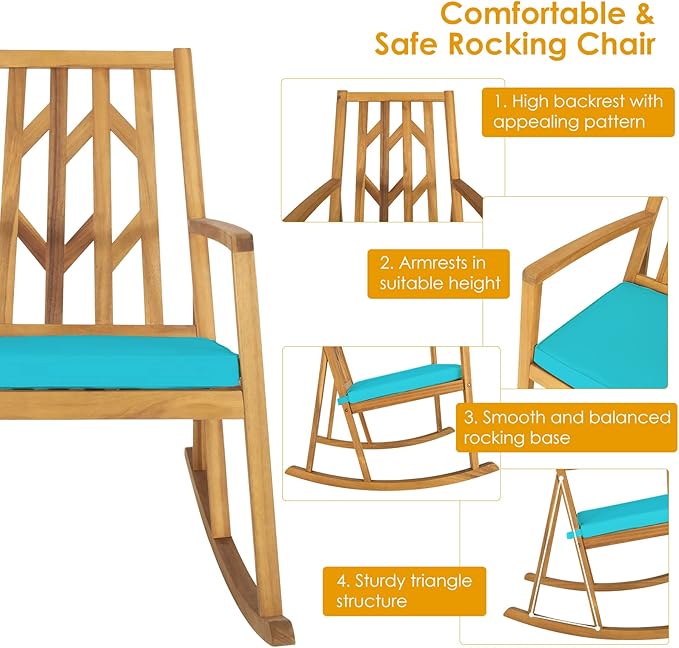 Tangkula Acacia Wood Patio Rocking Chair, Outdoor Porch Rocker W/Removable High-Density Cushion, All-Weather Resistance, Balanced Rocking Base, Perfect for Garden, Backyard, Poolside (1, Turquoise)