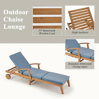HOMREST Wood Chaise Lounge Recliner, 83x23in Patio Chaise Lounger Recliner with Slide-Out Side Table & Cup Holder, Foam-Padded Cushion, Adjustable Backrest, Wheels(Blue)