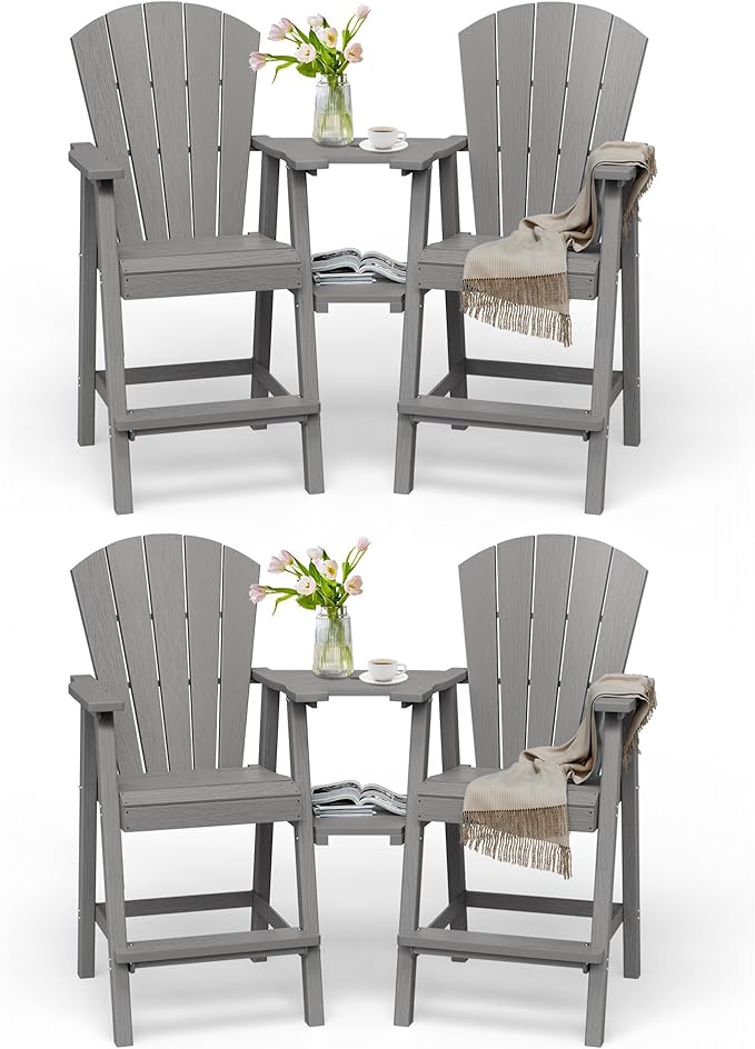 Tall Adirondack Chairs Set of 4, HDPE High Adirondack Chairs with Double Removable Trays, All Weather Outdoor Barstools for Patio, Balcony, Backyard, Deck and Garden, Grey
