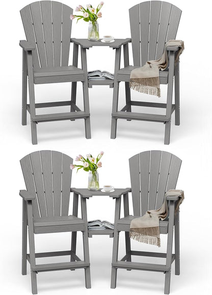 Tall Adirondack Chairs Set of 4, HDPE High Adirondack Chairs with Double Removable Trays, All Weather Outdoor Barstools for Patio, Balcony, Backyard, Deck and Garden, Grey