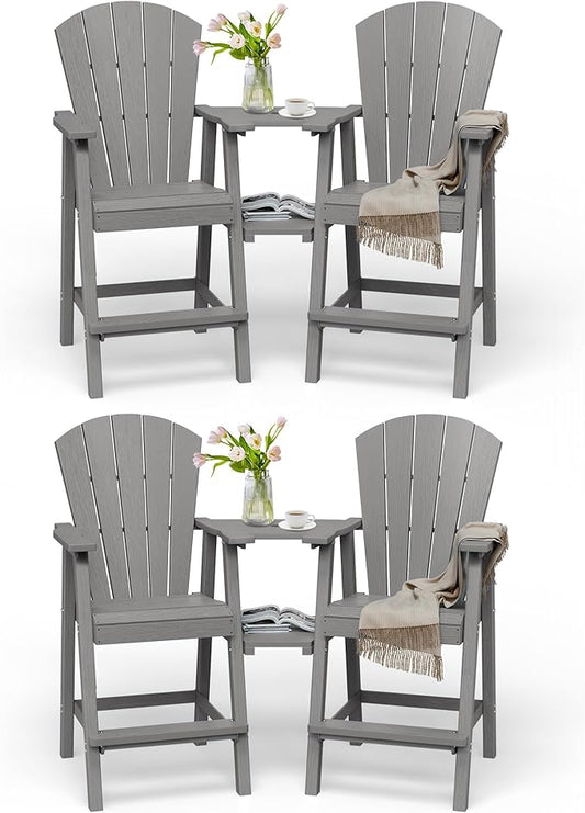Tall Adirondack Chairs Set of 4, HDPE High Adirondack Chairs with Double Removable Trays, All Weather Outdoor Barstools for Patio, Balcony, Backyard, Deck and Garden, Grey