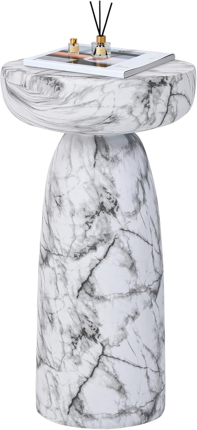 Marble Side Table, 24" Modern Accent Table with Pedestal Stand, Durable Faux Marble Side Table for Small Spaces, Marble Look Coffee Table Accent Drink Tables for Living Room Patio Balcony