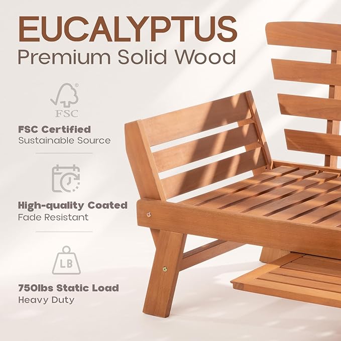 IDZO Amelie Eucalyptus Convertible Outdoor Sofa, 750lbs Capacity Patio Couch with Folding Armrest & Coffee Tray - Photo 4