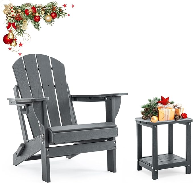 Folding Outdoor Adirondack Chairs Set of 1 with HDPE Side Tables-Plastic Weather Resistant Patio Chairs with Small Outdoor Side Tables 2 Storage for Patio,Fire Pit, Garden and Backyard
