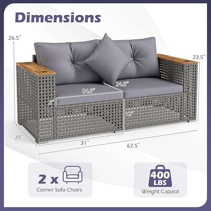 Tangkula 62.5" Large Patio Wicker Loveseat with Acacia Wood Armrests & Cup Holders, Outdoor 2-Piece Rattan Corner Sofa with Cushions, Sectional Conversation Set for Garden Backyard Porch Balcony, Grey