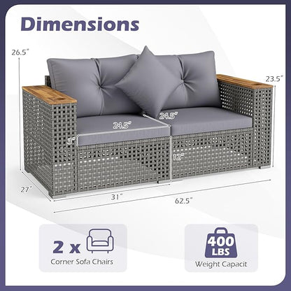 Tangkula 62.5" Large Patio Wicker Loveseat with Acacia Wood Armrests & Cup Holders, Outdoor 2-Piece Rattan Corner Sofa with Cushions, Sectional Conversation Set for Garden Backyard Porch Balcony, Grey