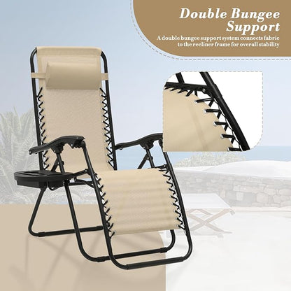 Athena Collection Zero Gravity Chair, Outdoor Lounge Chair with Adjustable Pillow and Cup Holder, Reclining Camping Chair for Outside Beach Lawn Garden Patio Poolside Set to 2- Cream