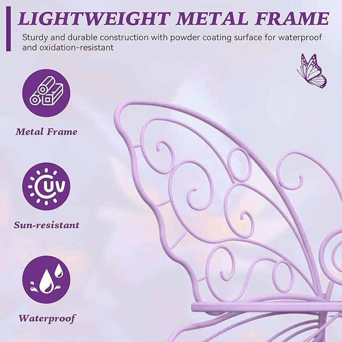 36 Inch Outdoor Bench, Cute Garden Bench with Metal Frame, Weatherproof Butterfly Front Porch Benches for Lawn, Garden, Yard, Balcony, Purple