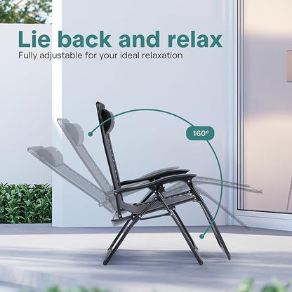 SereneLife Zero Gravity Outdoor Lounge Chairs 2 Pack – Folding Recliners with Side Table, Cup Holder & Padded Headrest – Adjustable Patio Chairs for Lawn, Garden, Deck, Camping (Black)