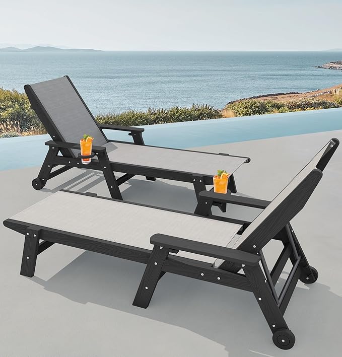 SERWALL Textilene Patio Chaise Lounge Chair Set of 2, 5 Positions Outdoor Lounger with Rolling Wheels for Pool, Deck - Photo 2