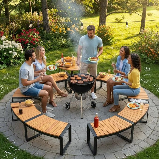 Tangkula Patio Curved Bench Set of 4, Acacia Wood Fire Pit Bench w/Slatted Seat & Metal Legs, Outdoor Backless 2-Person Seating for Yard, Garden, Porch, 800 LBS Max Load, Oil Painted