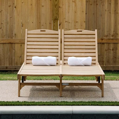 Ash & Ember Hawthorne Grade A Teak Double-Wide Reclining Lounge Chair, Four Adjustable Backrest Positions, Pull-Out Tray, Outdoor Weather-Resistant Sun Chaise Lounger with Wheels