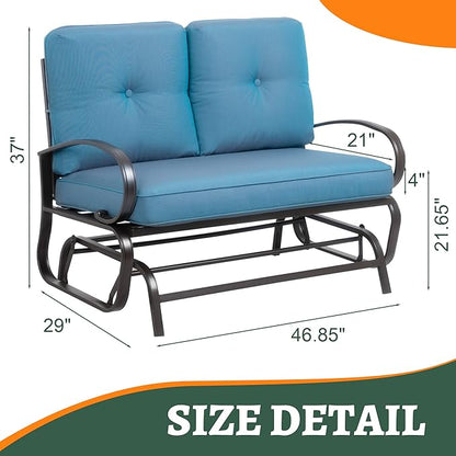 Shintenchi Metal Outdoor Patio Swing Glider Bench, Loveseat Rocking Chair, Wrought Iron Patio Furniture Steel Frame Glider Chair with Cushion for Porch, Balcony, Garden(Ocean Blue)