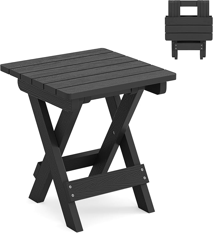 LUE BONA Small Outdoor Folding Side Table, HDPS Outside End Table for Patio, Porch, Deck, Pool, 14 Inch Height, Black - Photo 1