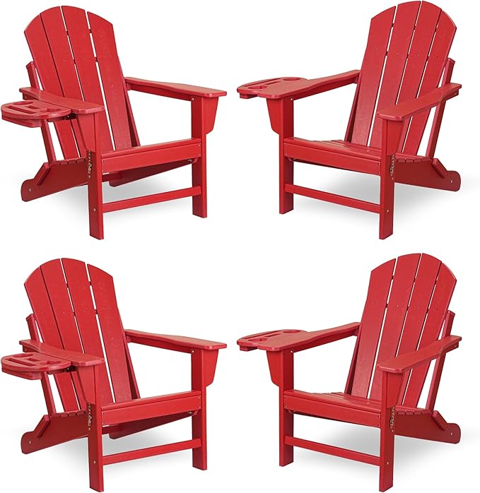 FOOWIN Folding Adirondack Chair Set of 4, HDPE Adirondack Chairs with Cup Holder, Weather Resistant Plastic Fire Pit Chairs for Outdoor, Patio, Lawn, Garden, Backyard, Deck, Red