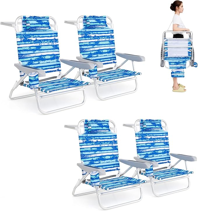 GYMAX Beach Chairs, 4Pcs Folding Camping Chair with Adjustable Backrest, Shoulder Strap, Cup Holder & Headrest, Portable Aluminum Lounger for Tanning, Sunbath, Lawn, Patio (Blue, 4 Chairs)