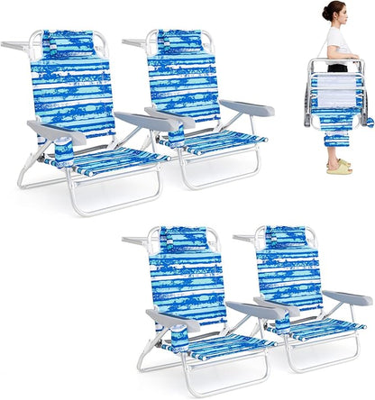 GYMAX Beach Chairs, 4Pcs Folding Camping Chair with Adjustable Backrest, Shoulder Strap, Cup Holder & Headrest, Portable Aluminum Lounger for Tanning, Sunbath, Lawn, Patio (Blue, 4 Chairs)