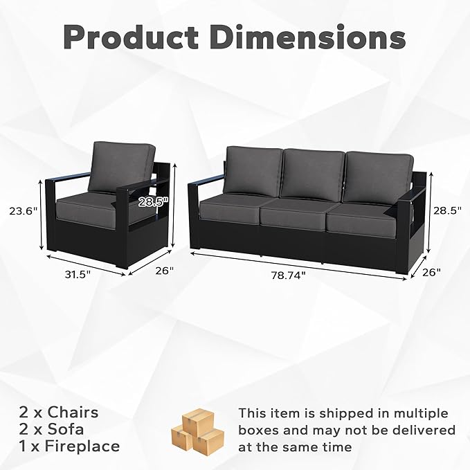 Outdoor Aluminum Furniture Set, 5-Piece Patio Conversation Set, 2 Swivel Chairs, 2 Sofa and 1 Fireplace - Photo 2