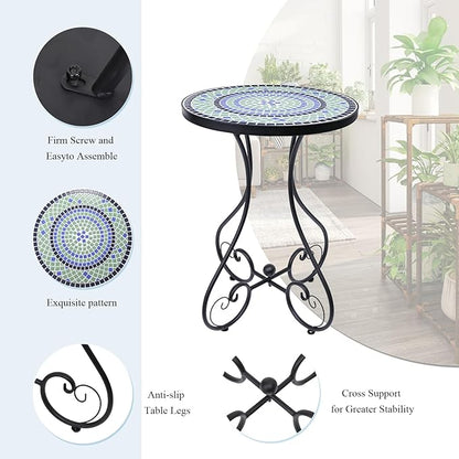 VCUTEKA Mosaic Outdoor Side Table, Round Rustproof Patio Table with 14" Ceramic Tile Top, Indoor Porch Accent Table for Yard, Garden, Living Room, Bistro Balcony, Blue