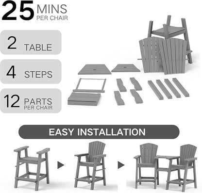 Kingdura Upgraded Tall Adirondack Chairs Set of 2, Weather Resistant HDPE Bar Height Outdoor Stools with Removable Double Connecting Trays, Wooden Grain for Patio, Balcony, Deck (Grey)