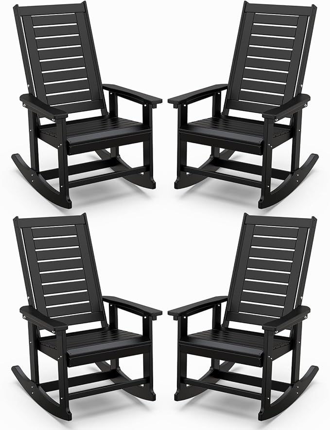 IVY&LANE Outdoor Rocking Chairs Set of 4 | Porch-Rockers | Black | HDPE Plastic | All-Weather | High Back | Wide Seat | Oversized Patio Rocker for Adult | for Outside Deck Balcony Garden