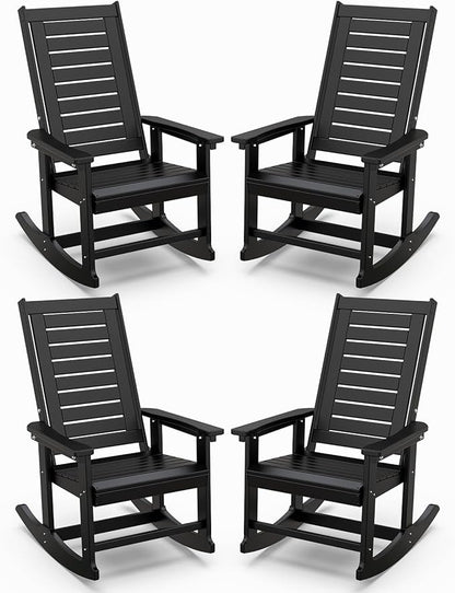 IVY&LANE Outdoor Rocking Chairs Set of 4 | Porch-Rockers | Black | HDPE Plastic | All-Weather | High Back | Wide Seat | Oversized Patio Rocker for Adult | for Outside Deck Balcony Garden