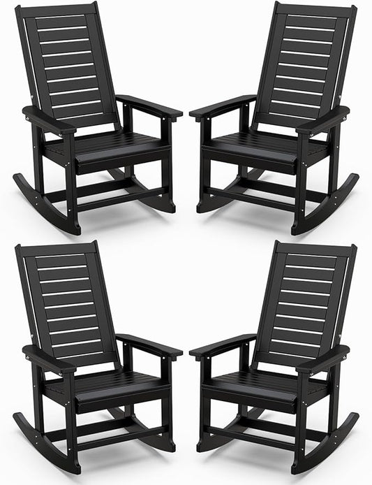 IVY&LANE Outdoor Rocking Chairs Set of 4 | Porch-Rockers | Black | HDPE Plastic | All-Weather | High Back | Wide Seat | Oversized Patio Rocker for Adult | for Outside Deck Balcony Garden