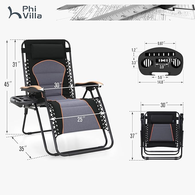 PHI VILLA XXL Oversized Padded Zero Gravity Chair Set of 2, Foldable Patio Recliner, 30" Wide Seat Anti Gravity Lounger with Armrest and Cup Holder, Support 400 LBS (Black & Orange Accents)