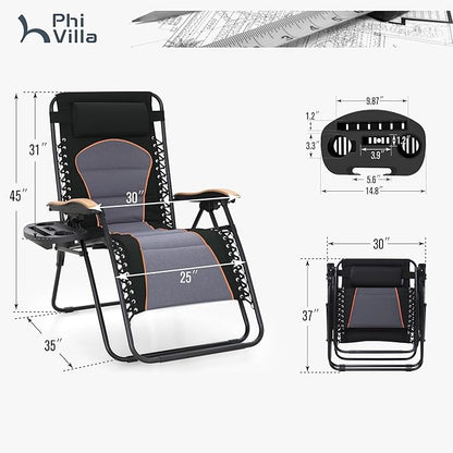 PHI VILLA XXL Oversized Padded Zero Gravity Chair Set of 2, Foldable Patio Recliner, 30" Wide Seat Anti Gravity Lounger with Armrest and Cup Holder, Support 400 LBS (Black & Orange Accents)