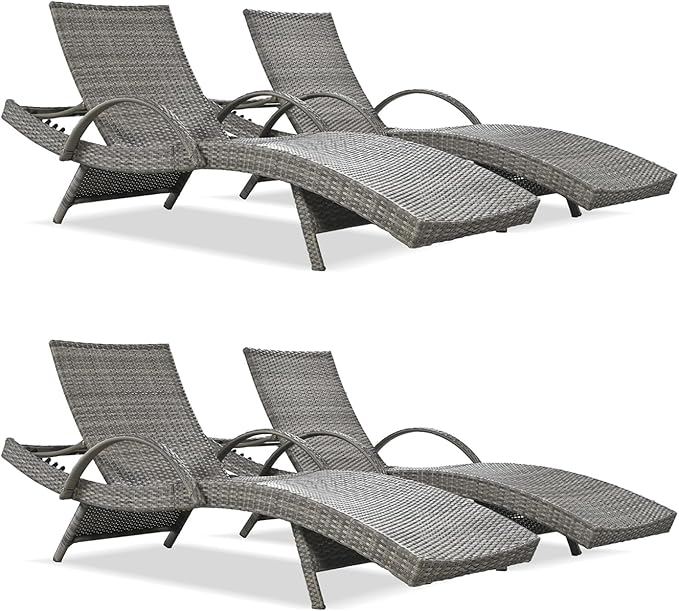 Yayzy 80'' Long Outdoor Wicker Chaise Lounge Chairs Set of 4, Patio Rattan Reclining Chair with Adjustable Backrest & Armrests, Durable PE Rattan Sunbathing Chairs for Pool, Garden, Backyard, Grey