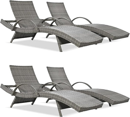 Yayzy 80'' Long Outdoor Wicker Chaise Lounge Chairs Set of 4, Patio Rattan Reclining Chair with Adjustable Backrest & Armrests, Durable PE Rattan Sunbathing Chairs for Pool, Garden, Backyard, Grey
