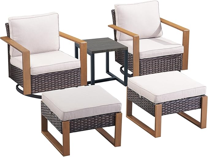 Rilyson Outdoor Wicker Patio Furniture Set - 5 Piece Patio Conversation Set with 2 Wicker Swivel Rocker Chairs,2 Ottoman, 1 Side Table, Thick Cushions, Deep Seating, Wide Armrest(Brown/Beige)
