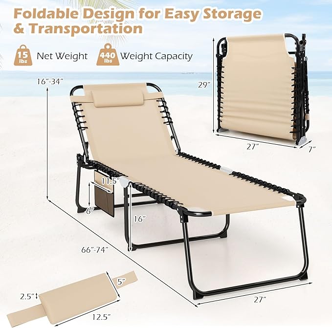 Giantex 2-Pack Lounge Chair Outdoor, Folding Tanning Chair with 4 Adjustable Positions, Removable Headrest, Footrest - Photo 3