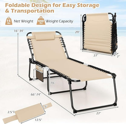 Giantex 2-Pack Lounge Chair Outdoor, Folding Tanning Chair with 4 Adjustable Positions, Removable Headrest, Footrest, Side Pocket, 440 Lbs Portable Recliner for Lawn, Yard, Beach, Sunbathing, Beige