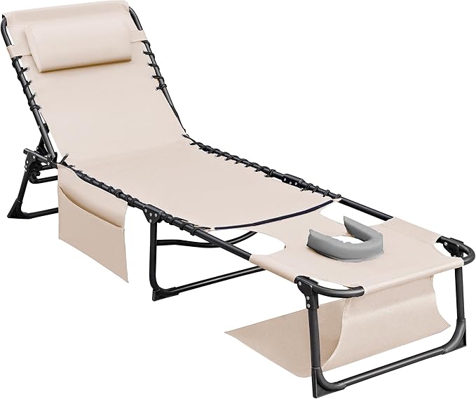 Flamaker Face Down Chaise Lounge Chair 5-Position Adjustable Sunbathing, Foldable Tanning Chair with Face& Arm Holes - Photo 1