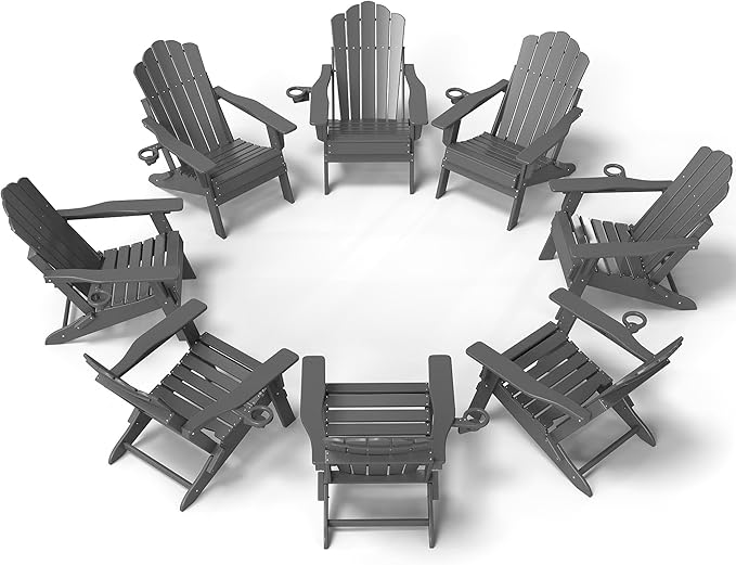 FOOWIN Adirondack Chair Set of 8, Folding HDPE Patio Chairs with Cup Holder, 400LBS Heavy Duty Commercial Fire Pit Seating for Resort, Hotel, Event, Large Deck, Grey