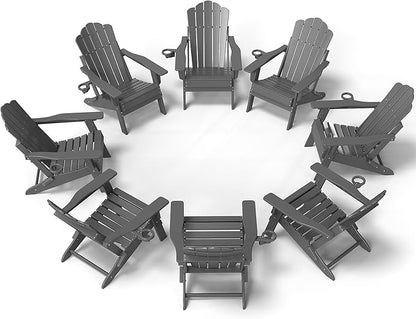 FOOWIN Adirondack Chair Set of 8, Folding HDPE Patio Chairs with Cup Holder, 400LBS Heavy Duty Commercial Fire Pit Seating for Resort, Hotel, Event, Large Deck, Grey