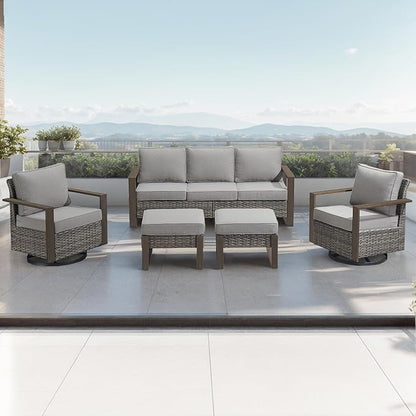 Rilyson Outdoor Wicker Patio Furniture Sets - 5 Piece Patio Conversation Set with 2 Wicker Swivel Rocker Chairs,2 Rattan Ottoman and 1 Couch,Thick Cushions,Deep Seating,Wide Armrest(Mixed Grey/Grey)