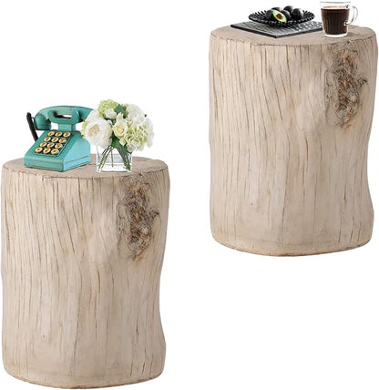 HOMPUS Concrete Outdoor Side TableSet of 2, 2 Piece Tree Stump Modern Round Coffee Table Accent Table Set Plant Stand Faux Wood End Table Garden Stool for Patio,Home Decor, Living Room, White Oak