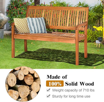 Foldable Outdoor Bench, Garden Bench w/High Back & Armrest, Acacia Wood Bench, 4 FT 2-Person Loveseat Chair for Front Porch, Patio, Backyard & Balcony, Teak Finish (Non-Foldable, Natural)