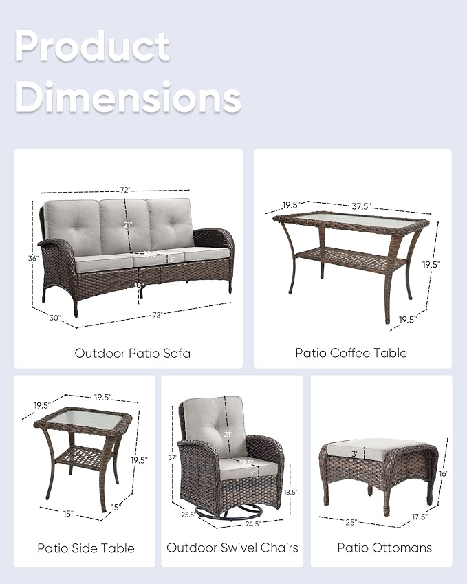 7 Pieces Outdoor Patio Furniture-Swivel Patio Chairs Set of 2 Outdoor Wicker Rattan Sofa Couch with Ottoman Outdoor - Photo 2