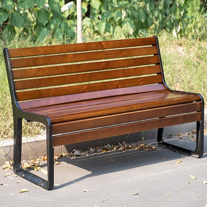 Outdoor Garden Bench, Metal Benches with Back, Loveseat Chair, Traditional Wooden Patio Bench Seat for Outside, Lawn Bench Park(Black+Brown,120cm)