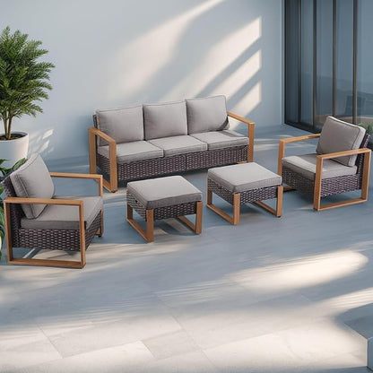 Rilyson Outdoor Wicker Patio Furniture Set - 5 Piece Patio Conversation Set with 2 Wicker Armrest Chairs,2 Rattan Ottoman and 1 Couch,Sturdy Frame,Thick Cushions,Deep Seating(Brown/Grey)
